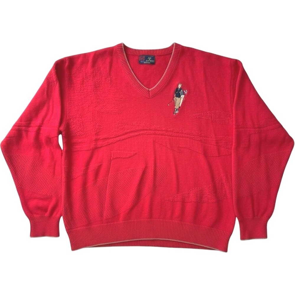 VTG Isle of Cotton Red Golf Course Jacquard V-Neck Sweater Mens XL Embroidered